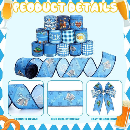 12 Rolls Oktoberfest Wired Edge Ribbon for Wreaths 2.5 Inch x 30 Yards Blue and White Print Grosgrain Ribbon Bavarian German Beer Crafts for Oktoberfest Party Decorative Supplies, 12 Styles