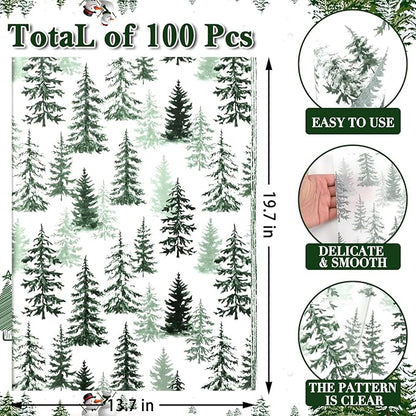 100 Sheets Christmas Tree Tissue Paper, 20x14in Forest Style Wrapping Tissue Watercolor Xmas Tree Art Tissue for Xmas Party Gift Bag Fillers Winter Party Decor (Green)