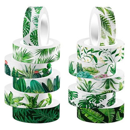 12 Rolls Greenery Washi Tape Set, Summer Tropical Leaves Masking Tape, Green Plants Cactus Succulents Decorative Tape Sticker for Scrapbook Journal DIY Craft Gift Wrapping 16.4FT
