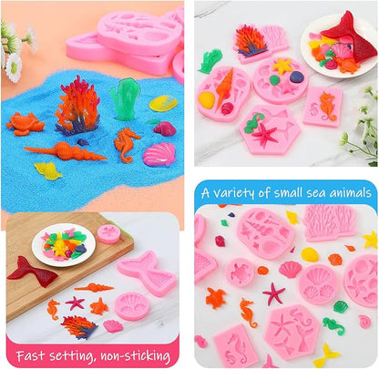 Mermaid Theme Cake Mold, Mermaid, Shell, Seaweed, Coral Silicone Mold Cupcake Toppers Mold for Candy,Chocolate,Fondant,Polymer Clay,Crafting Projects & Cake Decoration