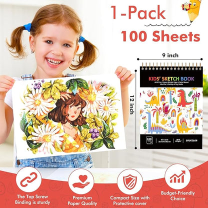 Soucolor 9" x 12" Kids Sketch Book, 100 Sheets Spiral Bound Art Sketchbook, Acid Free Artist Drawing Book Paper, Art Supplies for Adults, Craft Activities, Sketch Paper for Drawing Coloring Sketching