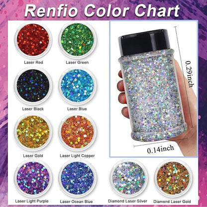 Renfio Holographic Glitter, 2.11oz/60g Mix Ultra Fine Glitter for Crafts Resin Glitters PET Flakes for Nail Art Tumblers Slime - Diamond Laser Gold