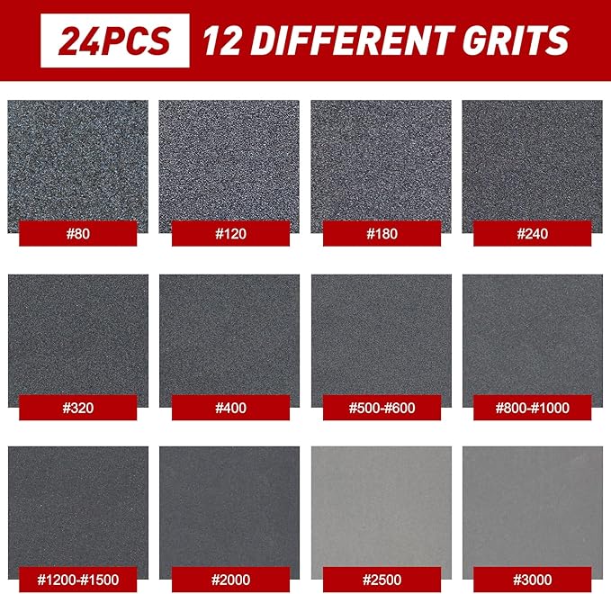 24 Pcs Sanding Sponge 80-3000 Grit Sandpaper Assortment, Washable & Reusable Sanding Blocks for Wood, Metal, Drywall, Glazing, Wet Dry Sandpaper for Smooth Finishing