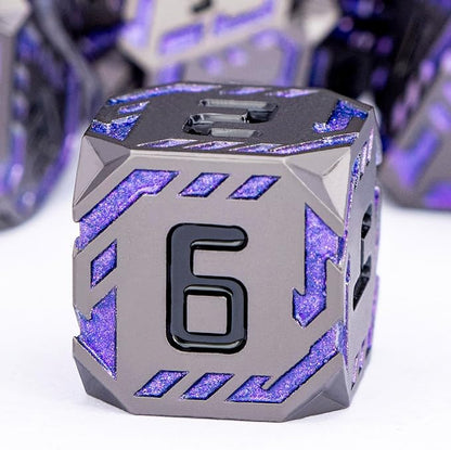 Metal DND Sci-fi Dice Set 7PCS Stripe Polyhedral Dice for Dungeons Dragons RPG Role Playing Game, Glitter D and D Dice with Gift Box D6 D8 D10 D12 D20 (Black Purple) ﻿