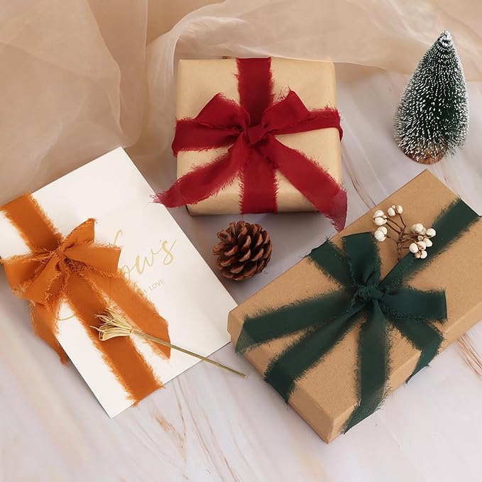 TONIFUL 4 Rolls Silk Chiffon Ribbon, 1-1/2 Inch x 22yds, Beige and Cream Chiffon Ribbons Set, Handmade Fringe Silk Ribbon for Gift Wrapping Bridal Bouquets Wedding Invitations Decoration Crafts