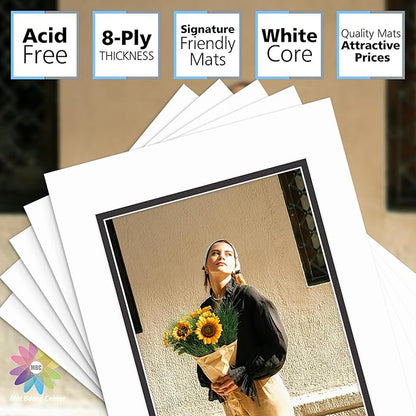 Mat Board Center, Double Mat - Acid Free, 8-ply Thickness, White Core - for Pictures, Photos, Framing (White Over Black, 11x14 for 8x10, Pack of 5)