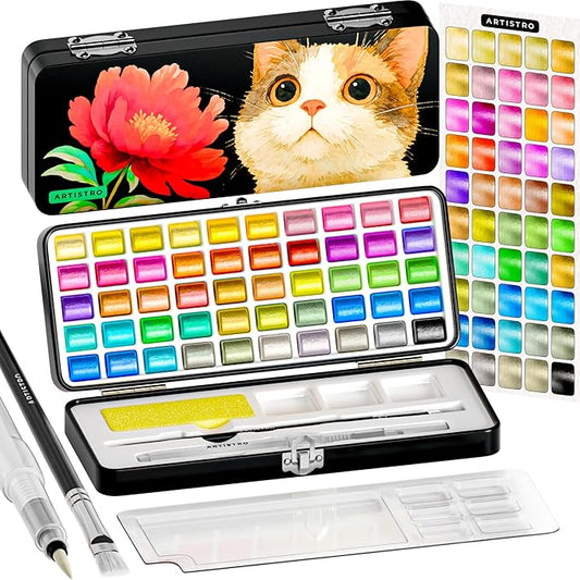 ARTISTRO 50 Metallic Watercolor Paint Set, Vivid Colors in Portable Box, Palette set. Perfect Travel Watercolor Set for Artists, Amateur Hobbyists and Painting