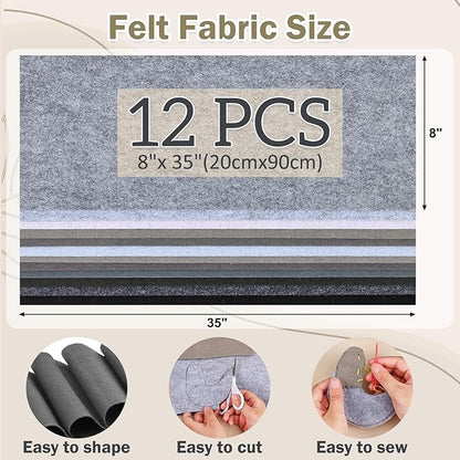 12 Rolls 8"x35"(20.5x90cm) 1.4mm Thick Soft Felt Fabric Sheet 12 Assorted White Grey Series Colors Felt Pack for DIY Craft Sewing Squares Nonwoven Patchwork
