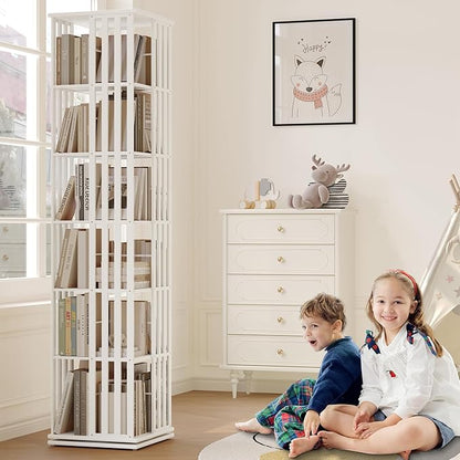 YOWOS Rotating Bookshelf Tower, 360 Display Spinning Bookcase, Bamboo Bookshelf Floor Standing Storage Rack, Wood Narrow Book Shelf Organizer for Kids&Adults (White, 6 Tier)