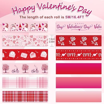 Whaline 12 Rolls Valentine Washi Tape Red Pink Heart Gnome Love Masking Tape for Wedding Scrapbook DIY Craft Gift Wrapping, 0.6" x 16.4ft