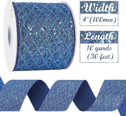 HUIHUANG Navy Blue Wired Christmas Ribbon 4 inch Navy Glitter Wired Ribbon Diamond Mesh Wire Ribbon for X-mas Tree Decorations, Wreaths, Garland, Large Bows Making, Home Decor -10 Yards