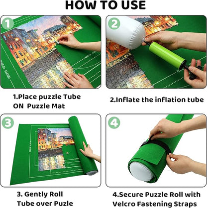 Portable Puzzle Mat Roll Up - with 9 Glue Sheets, Sorting Trays, Hand Pump, Inflatable Tube, and Storage Bag - Perfect for Kids and Adults (Green, 1500pcs)