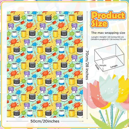 Pineraap 12 Sheets Art Wrapping Paper, Painting Palette Brushes Paint Design Gift Wrap Paper, Creative Art Doodles Folded Flat Gift Wrap for Artists, Birthdays, Celebrations, 19.7 x 27.6 Inch