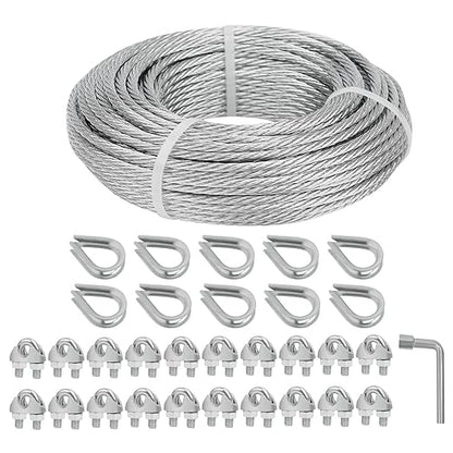 3/16 Galvanized Wire Rope, 100ft Galvanized Steel Cable 3/16 Inch, 7X7 Strands Core Aircraft Cable with 3/16 Rope Clamps, Thimbles, for Anchored Shed, Clothesline, Lights Hanging, Yard Zipline