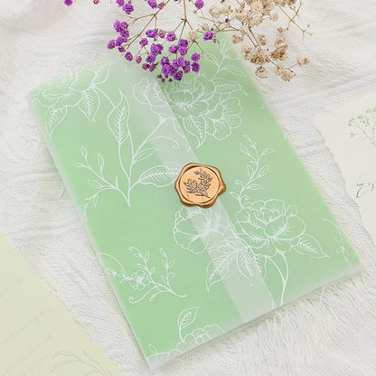 SWANGSA 100 Sets Wedding Invitations Wraps, Vellum Jackets for 5x7 Invitations & Self Adhesive Antique Gold Eucalyptus Wax Seal Stickers for Wedding Bridal Baby Shower Birthday Envelopes (White Rose)