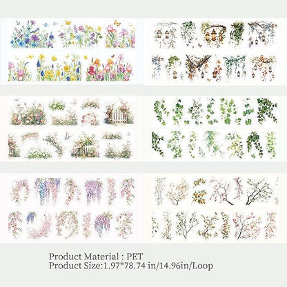 6 Rolls PET Tape Stickers,Plant Washi Tape for Scrapbooking, Pre-Cut Flower Tapes Stickers for Junk Journal,Journaling,Photo Album DIY Craft(Wild Flower)