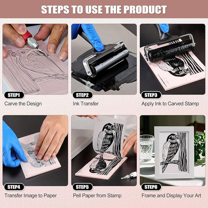 Linocut Kit for Printmaking with 5PCS 4"x6" Soft Rubber Linoleum Blocks, Brayer & Carving Tools – Block Printing & Stamp Making Supplies for Beginners & Artists