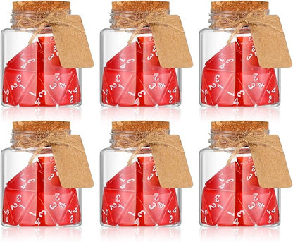 Wettarn 120 Pcs Transparent Red D4 Dice6 Pcs Pot Bottles Plastic Favor Jars with Cork Lids Healing Potion Bottles Polyhedral Dice Set for Party Favors Table Games(Round Style)
