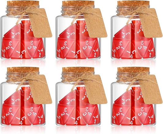 Wettarn 120 Pcs Transparent Red D4 Dice6 Pcs Pot Bottles Plastic Favor Jars with Cork Lids Healing Potion Bottles Polyhedral Dice Set for Party Favors Table Games(Round Style)