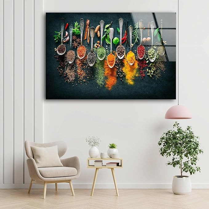 My Photostation.com 30Wx24H'' Spoon Spices Glass Wall ArtTempered Glass Printing Wall Decor Large Wall Art Wall Hangings