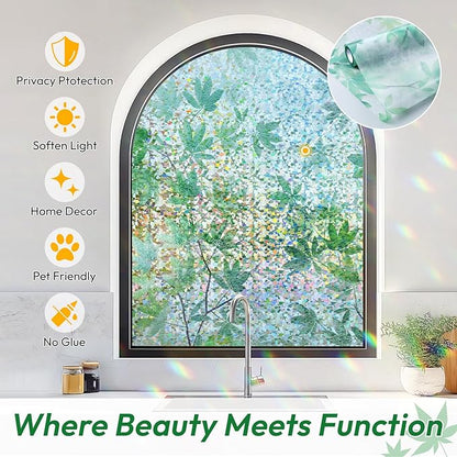 rabbitgoo Rainbow Window Privacy Film Decorative Stained Glass Diamond Pattern Window Sticker with Iridescent Tint Non-Adhesive Static Cling for Home Office Bathroom, Green Leaf 35.4 x 78.7 inch