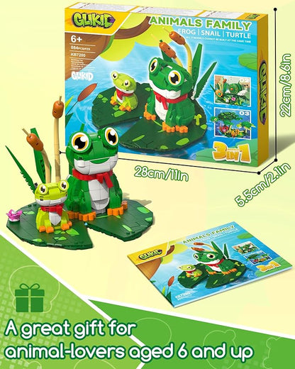 3 in 1 Animals Frog Family Building Set - Animal Figures with 3 Building Options, Create Frog, Turtle or Snail Family - Educational Toy Birthday Gift for Girls and Boys Ages 6+