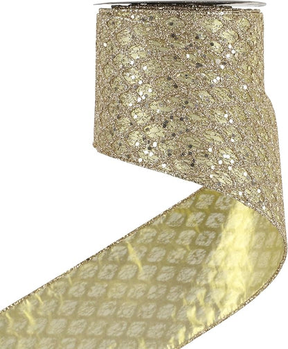 HUIHUANG Champagne Gold Christmas Ribbon 4 inch Glitter Wired Ribbon Diamond Mesh Wire Ribbon for X-mas Tree Decorations, Wreaths, Garland, Large Bows Making, Wedding Decor -10 Yards
