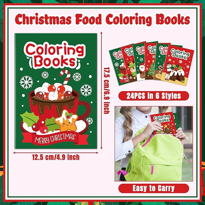 JAPBOR Christmas Food Coloring Books - 24PCS Mini Xmas Latte Color Book Bulk for Kids Party Favors, Merry Christmas Winter Small Colour Pages for School Class Drawing Painting Games