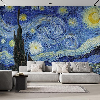 wall26 Wall Sticker/Wall Mural Starry Night by Vincent Van Gogh Dutch Impressionism, Not Peel and Stick, Non-Woven Wallpaper Decorative for Bedroom, Living Room, Office - 108x120 inches