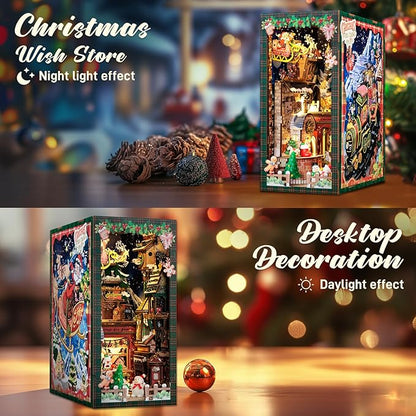CUTEBEE Christmas Book Nook Kit - DIY Miniature House Dollhouse Kit for Adults, Teens, Booknook Tiny House Bookshelf Decor 3D Wooden Puzzle, Gifts for Family, Friends （Christmas Wish Store）
