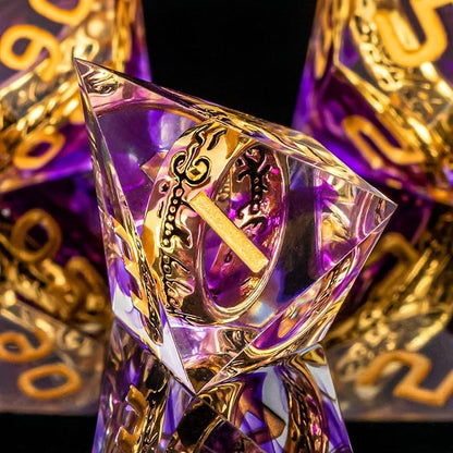 OUKELANWO Magic Lord Rings DND Dice Set with Box, 7Pcs Resin LOTR D&D Dice Set for Role Playing Game, Purple Gold Dungeons Dragons D and D Sharp Edge Dice D20 D12 D10 D8 D6 D4