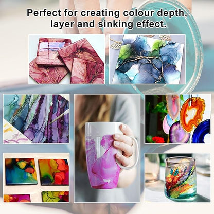 FansArriche Alcohol Inks for Resin, 32 Colors High Concentrated Alcohol Ink Set for Epoxy Resin, Alcohol-Based Resin Ink for Coasters, Fluid Painting Crafts, Tumbler Making, 10 ml Each