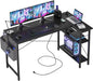 TIQLAB L Shaped Computer Desk with Power Outlets, 55 Inch Small Corner Desk with Reversible Shelves, Gaming Desk Computer Table Study Writing Table for Home Office Bedroom Small Space, Black
