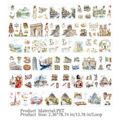 6 Rolls PET Tape Stickers for Scrapbook Supplies,Self-Adhesive Travel Theme Washi Tape for Junk Journal Supplies,Journaling,Scrapbooking,DIY Craft,Notebook(Travelling)