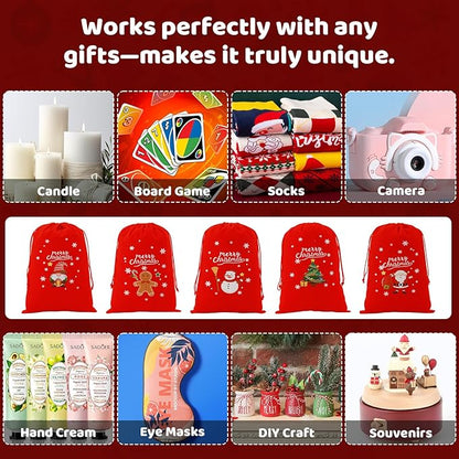 Tapleap Velvet Coth Christmas Bags with Drawstring, 50Pcs 7x10 for Wrapping Christmas Party Favors or Gifts for Friends, Small Bussiness, Coworkers