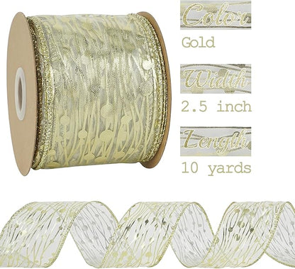 MEEDEE Gold Wired Ribbon - 2.5 Inch Sheer Organza With Horizontal Stripes and Polka Dots - 25 Yards for Gift Wrapping, Garland