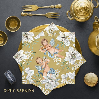 20-ct 13x13 Christmas Paper Decoupage Napkins, 3-Ply Servilletas Tissue Napkin for Dinner and Parties, Disposable Napkins (Angel Flower)