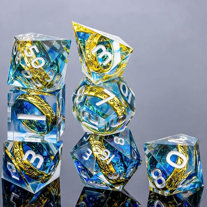 OUKELANWO Magic Lord Rings DND Dice Set with Box, 7Pcs Resin LOTR D&D Dice Set for Role Playing Game, Blue Dungeons Dragons D and D Sharp Edge Dice D20 D12 D10 D8 D6 D4