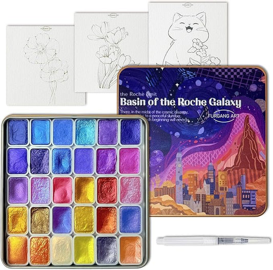 Mini Shifting Watercolor Paint Set, 30 Color Glitter Watercolor Painting Kit, Metallic Watercolor Paints, Solid Water Colors Paint Adult Set, Detail Paint Brush Included, for Artists