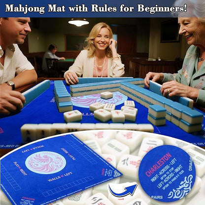 2025 Mahjong Mat, 31.5" x 31.5" Neoprene Mahjong Table Mat with Rules, Anti Slip & Noise Reduction Gaming Mat for Poker, Card, Dominoes, Board & Tile Games, Mahjong Gift with Carrying Bag - Blue