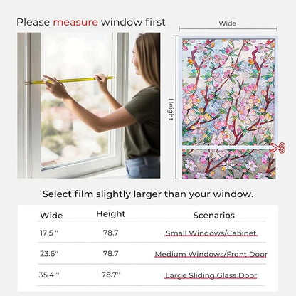Window Privacy Film Rainbow Film Stained Glass 3D Static Cling Decorative Window Sticker for Bathroom,Front Door,Home Heat Control UV Blocking Non Adhesive,Peach Blossom 17.5 x 78.7 inches