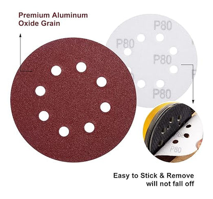 S SATC 150 PCS Sanding Discs 80 Grit Hook and Loop 5 Inch 8 Hole Adhesive Sandpaper for Woodworking and Automotive