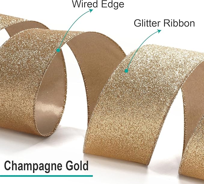 CT CRAFT LLC Glitter Wired Ribbon 1.5" x 10 Yards Gold (Champagne Gold) for Christmas Home Decor Bow Gift Wrapping DIY Crafts Wreath