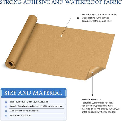 KING MOUNTAIN Canvas Iron on Patch,12"×60",Waterproof 100% Cotton Fabric Repair Patch,Used for Various Sofa,Tent,Clothes,Seats,Suitcases (Light Brown,Waterproof)