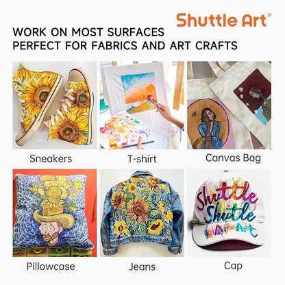 Shuttle Art Fabric Paint 24 Colors Permanent Soft Fabric Paint in Bottles (60ml/2oz) with Brushes &Stencils, Non-Toxic Textile Paint for T-Shirts, Shoes, Jeans, Bags, DIY Projects & Crafts