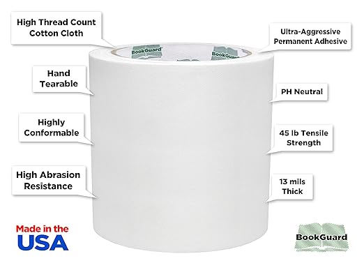 BookGuard 4 inch Premium Bookbinding Repair Cloth Tape, 15 Yard Roll, White
