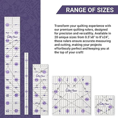The Quilted Bear Quilting Rulers - Transparent Acrylic Non Slip Quilting, Patchwork & Sewing Ruler with Clear Black Lines & 30, 45 & 60 Degree Angles (3.5" x 18.5")