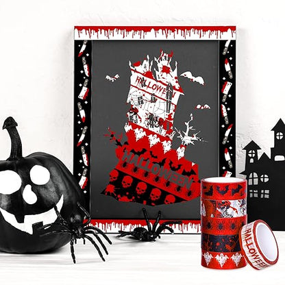 Whaline 12 Rolls Halloween Bloody Washi Tapes Blood Spatter Spooky Bloodstain Skull Ghost Masking Tapes 15mm Scary Bloody Washi Tape Set for Scrapbook Journal DIY Craft Gift Wrapping, 16.4Ft