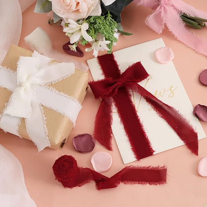 TONIFUL 4 Rolls Silk Chiffon Ribbon, 1-1/2 Inch x 22yds, Dusty Pink and Cream Chiffon Ribbons Set, Handmade Fringe Silk Ribbon for Gift Wrapping Bridal Bouquets Wedding Invitations Decoration Crafts