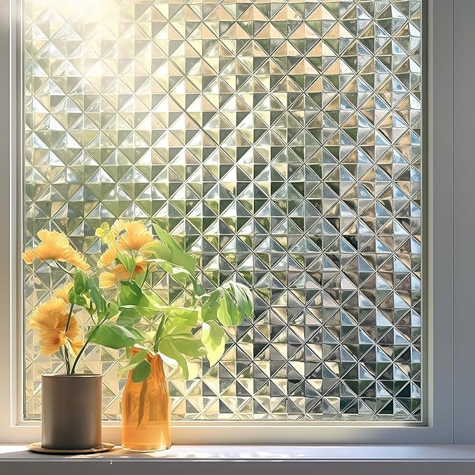 Qualsen Window Privacy Film, Stained Glass Window Film Heat Control UV, Frosted Rainbow Bathroom Decorative Film 3D Static Clings, Peel and Stick Window Tint for Home,17.5x78.7inch